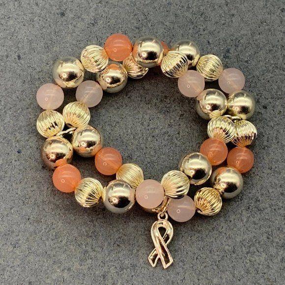 Breast Cancer Awareness Bracelet Stretch Pink Silver Fluted Ribbon Charm BCA - Picture 4 of 5